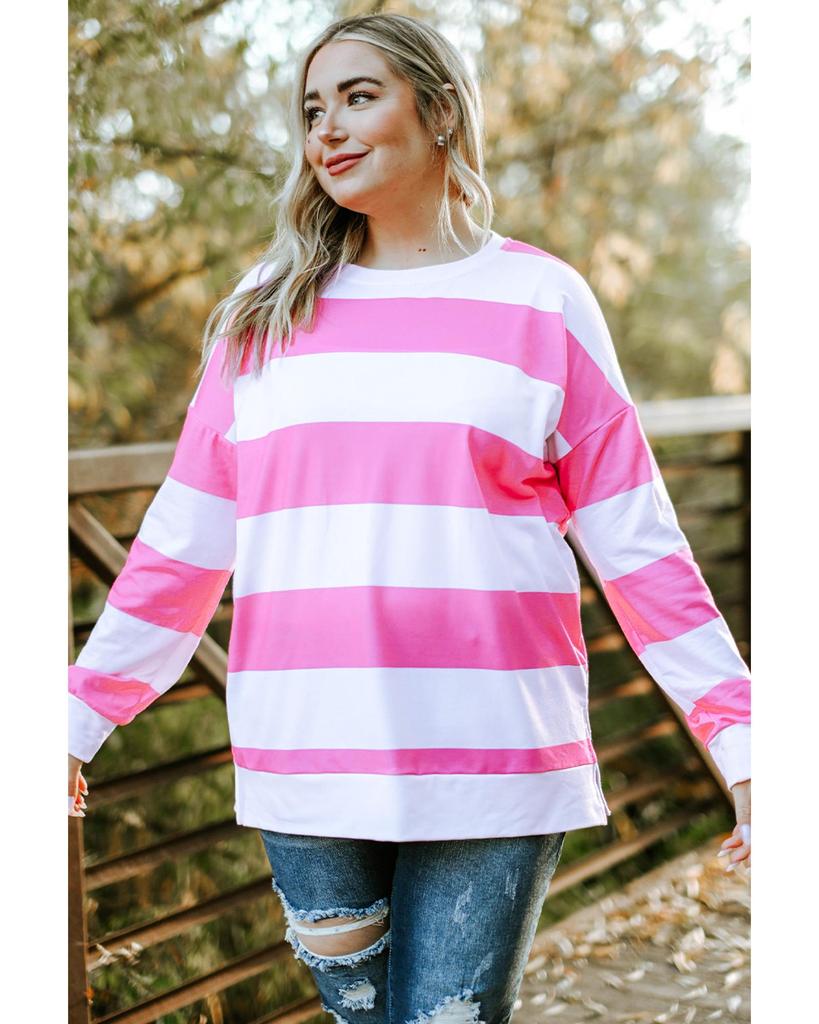 Azura Exchange Pink Striped Side Slit Plus Size Sweatshirt