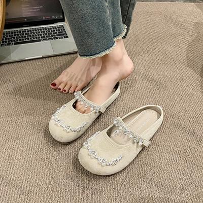 Модная женская обувь 2025 Лето Мода Стразы Полусабо Уличные Винтажные Сандалии Нескользящая Мягкая Подошва Платье Стиль Туфли Мэри Джейн