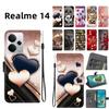 Чехол-книжка из искусственной кожи ручной работы для Realme 14, противоскользящая противоударная крышка с ремешком на запястье и рисунками сердца/розы/кошки