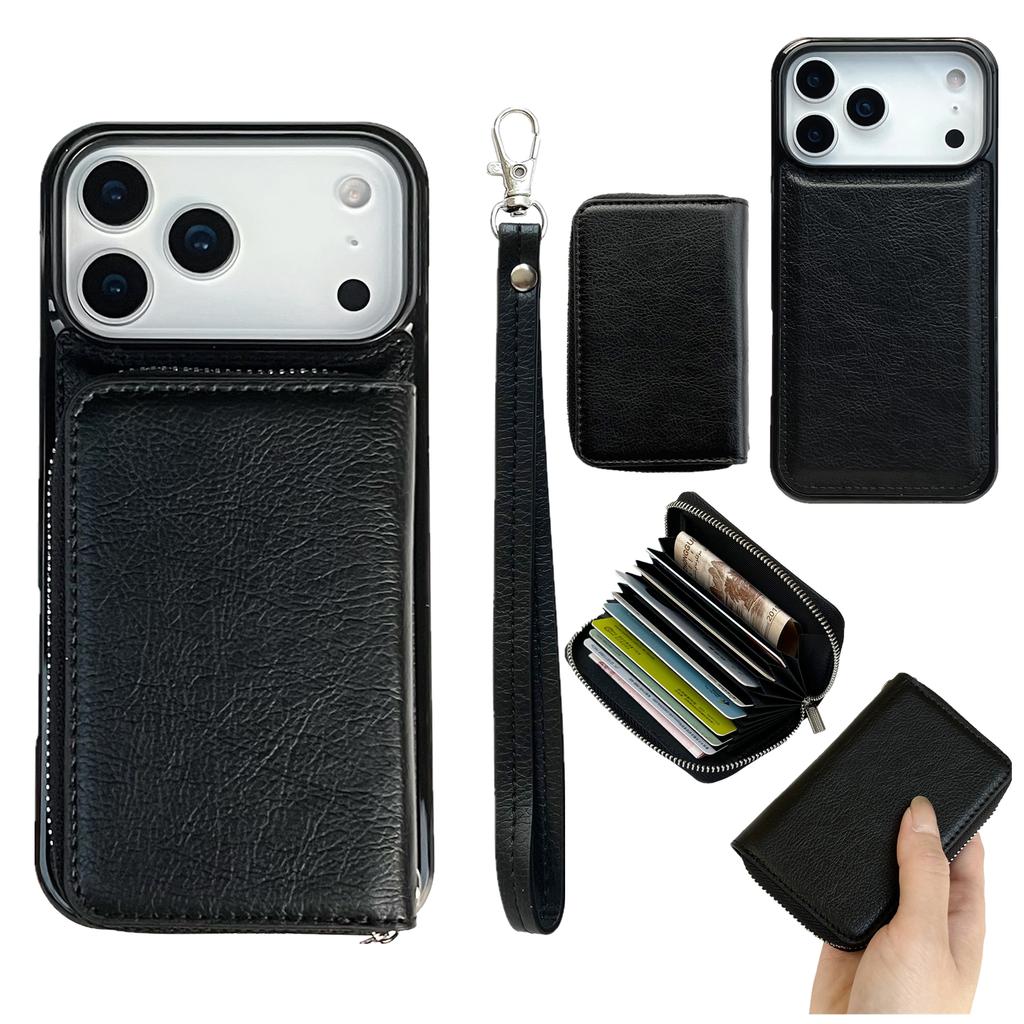 For iPhone 17 Pro Case Detachable Zipper Card Bag PU TPU Kickstand Phone Case with Strap