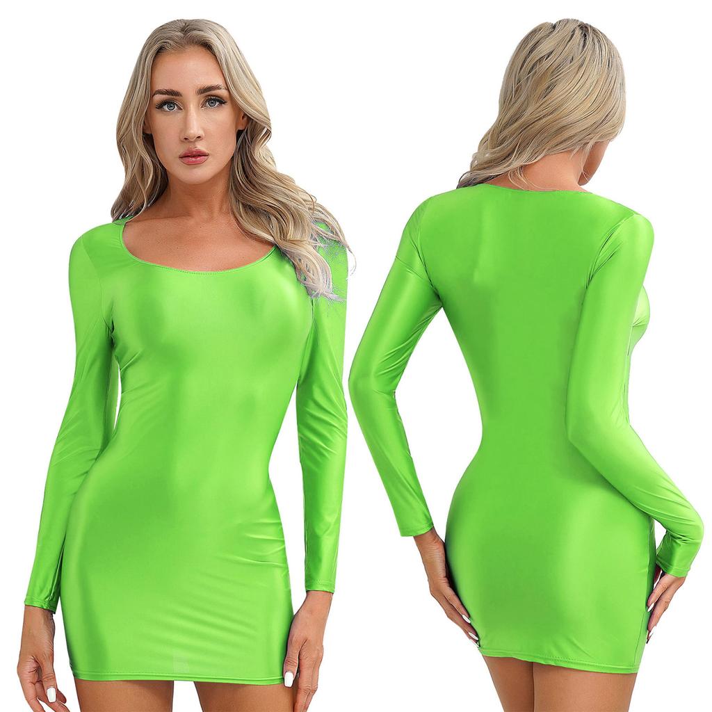 Women's Long Sleeve Bodycon Tight Pencil Dress Oil Glossy Sheer Micro Mini Dress Clubwear