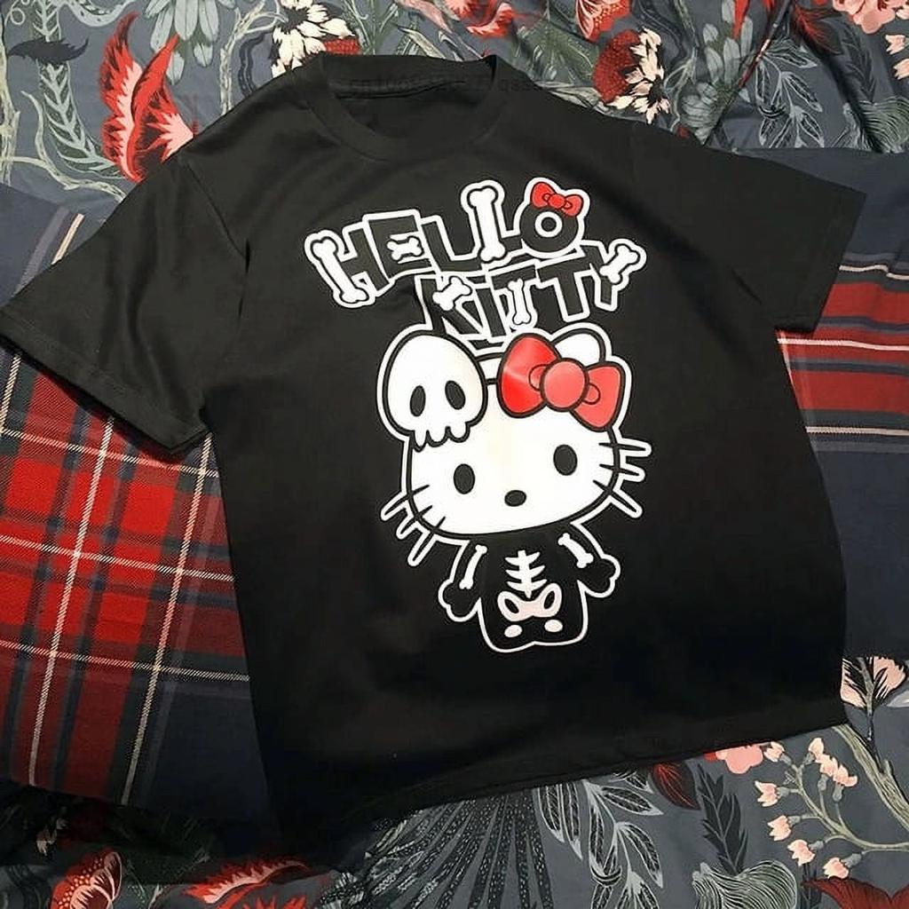 Летняя футболка Hello Kitty в ретро-стиле, высокое качество, хлопок, принт с изображением скелета и черепа, унисекс, повседневная футболка для унисекс, женщин, детей