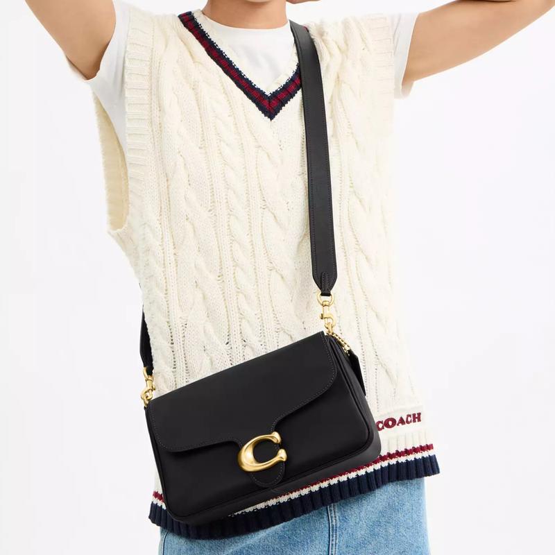 Coach Мягкая полосатая 25 Логотип Кожаная сумка через плечо Средняя Женская Черная