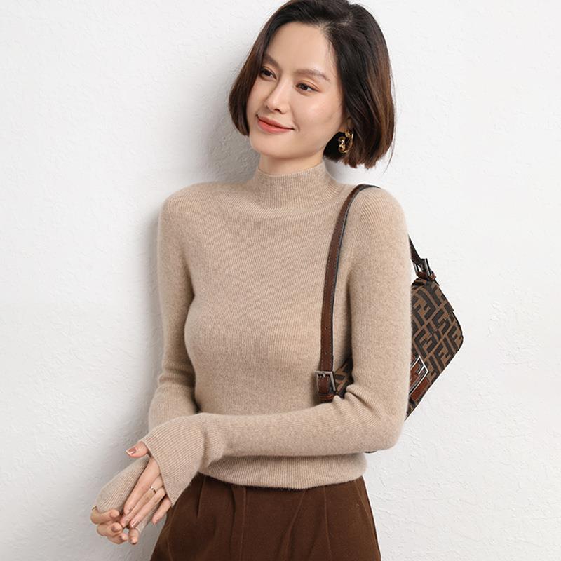 Autumn and Winter Semi High Neck Pullover Sweaters for Women Slim Fit Solid Casual Knitted Base Sweater Ladies Fashion Simple Elegant Knitwears 25061