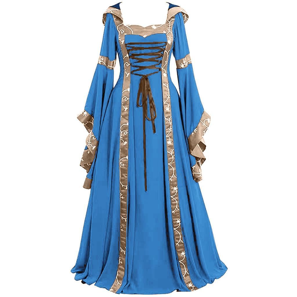 Plus Size 5XL Women Medieval Floor Length Dress Cosplay Costumes Long Bell Sleeve Lace-Up Princess Long Dress Retro Gothic Dress