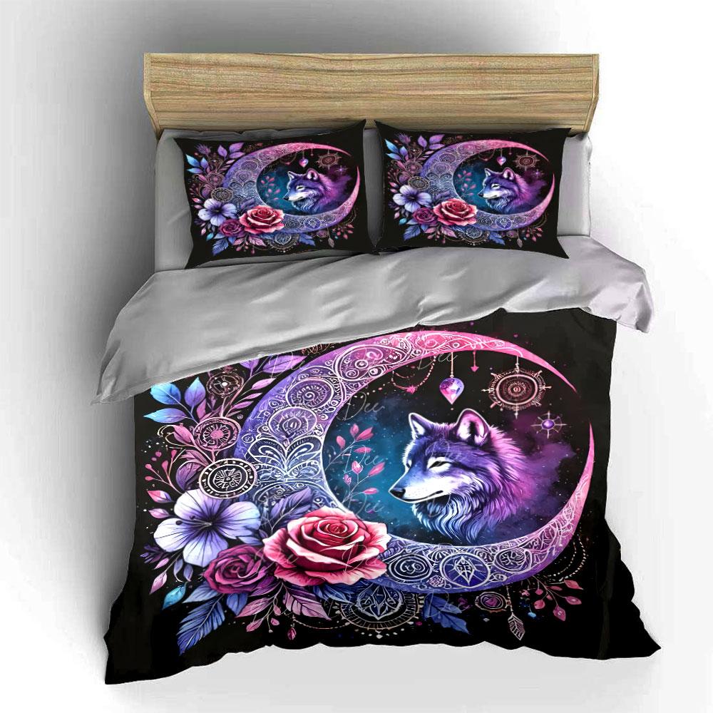 Moon Wolf Floral Decor Set Bedding Set with 1 Duvet Cover 2 Pillowcases Single Double King Queen, Gift
