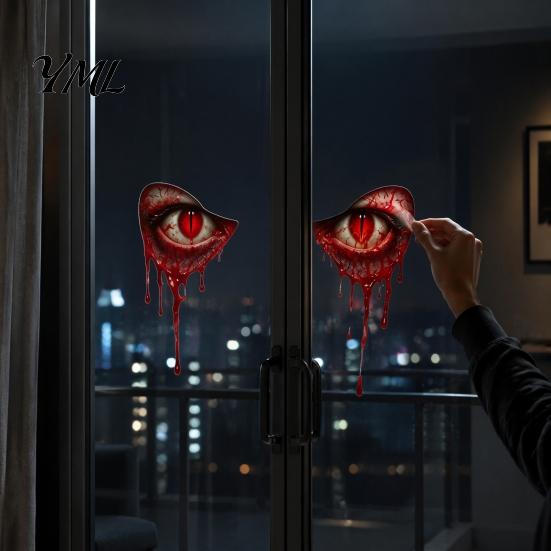 Horror Theme Glass Decals Demon Eyes Window Sticker, Dripping Blood Red Wall Decal, Realistic Static PVC Film Creepy Devil Cling Decal for Halloween