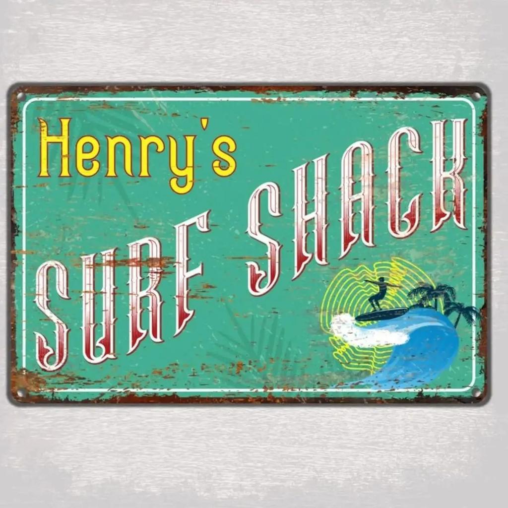 Surf Shack Metal Sign - Fully Customizable with Name/Text/Logo, Personalized Retro Aluminum Plaque for Beach Home/Patio/Balcony