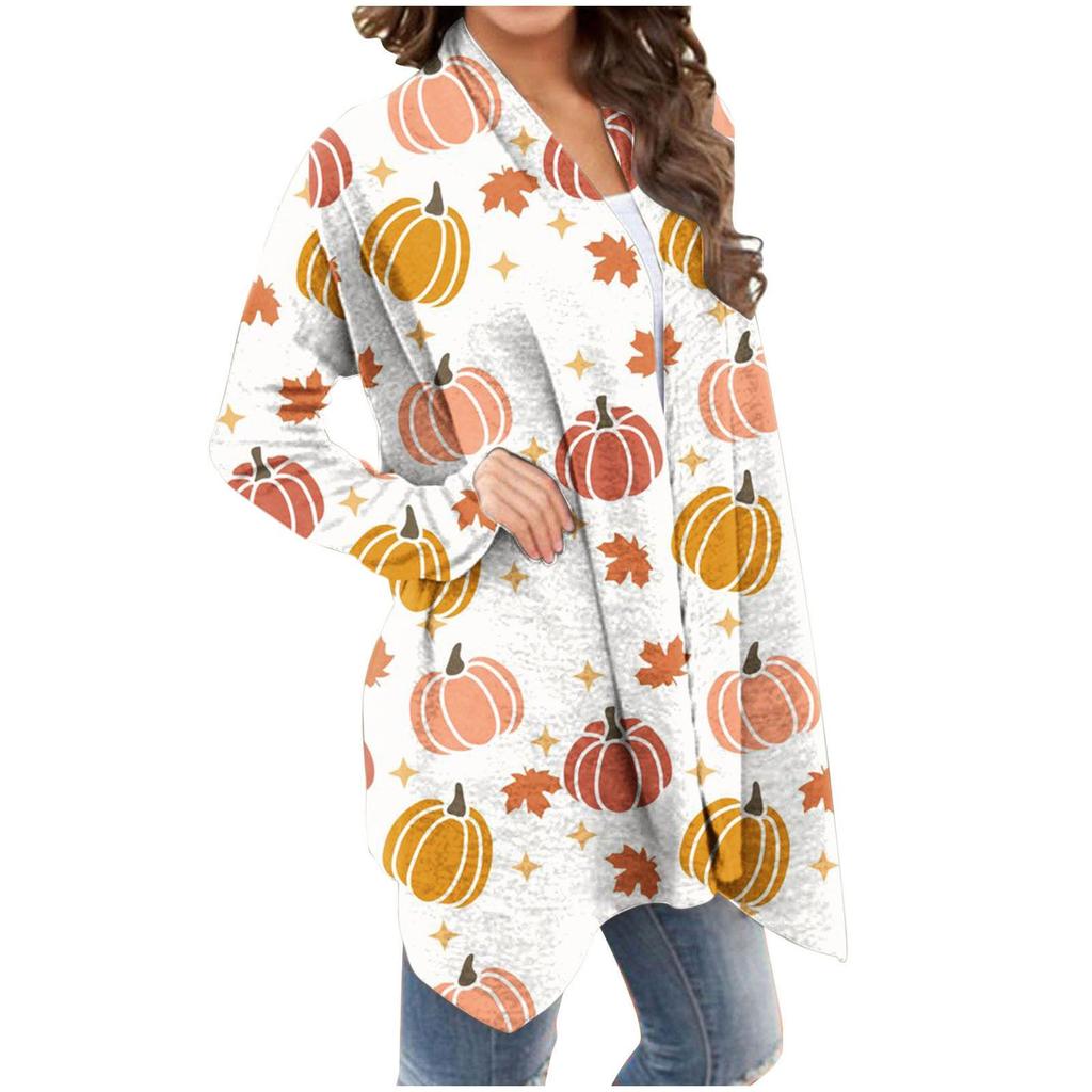 Женская модная повседневная куртка-кардиган средней длины с длинным рукавом и принтом на Хэллоуин