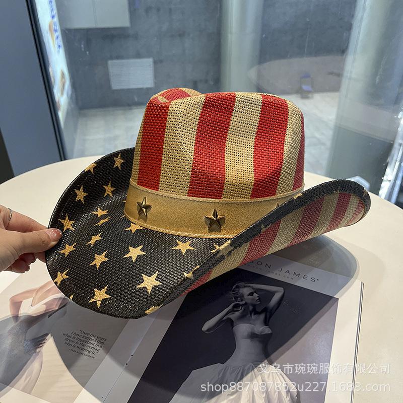 Star men's and women's western denim new straw hat star striped outdoor sunshade sun protection hat jazz hat