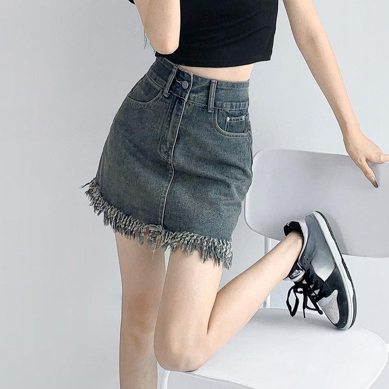 UniqueRaw Edge Package Hip A-line Bustier Skirt Retro Design Sense Tassel High-waisted Peplum Short Skirt Ladies Summer Fashion Denim Short Skirt