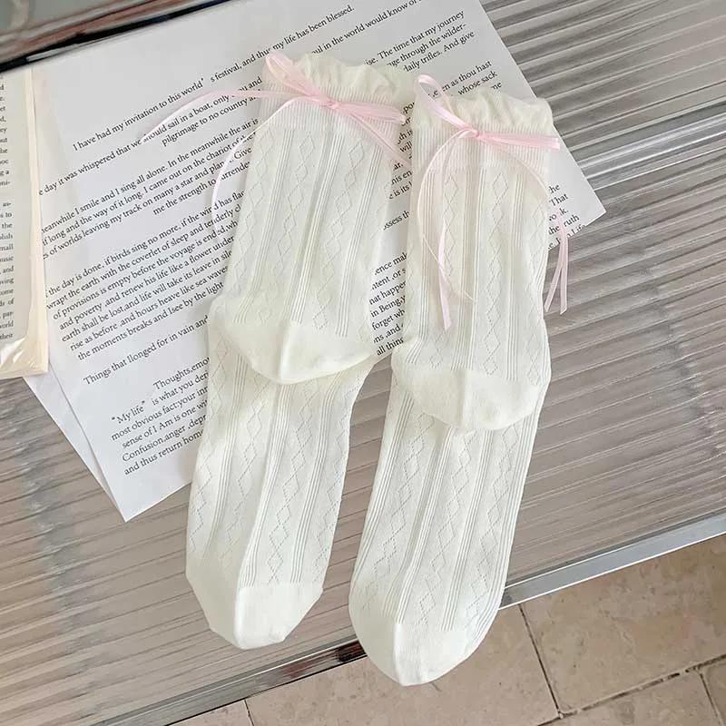 Socks For Women Korean Style New Solid Color Sweet Lolita Thin Socks Cute Breathable Bow Japanese Fashion Long Socks Female Mesh