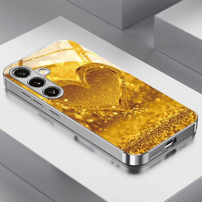 Позолоченный чехол из закаленного стекла для телефона Samsung Galaxy S26, S25, S24, S23 и S22 Ultra Plus. Мерцающее золотое сердце.