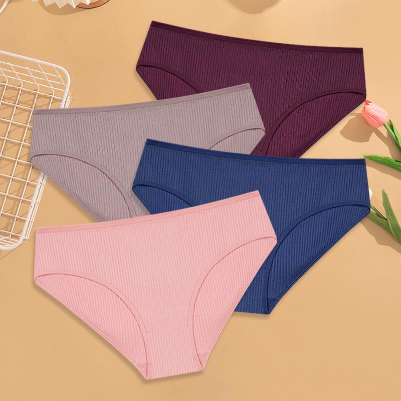 4Pcs Women's Cotton Ribbed Briefs Solid Breathable Elastic Underwear Sexy Simple Comfortable Panties Girls Soft Basics Lingerie