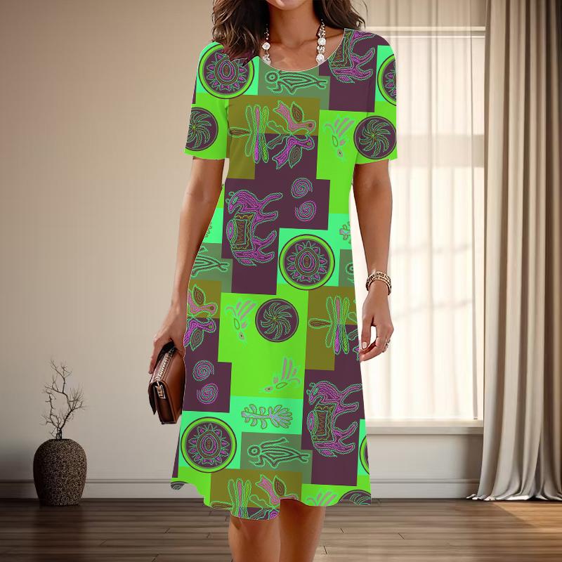Женская мода изящный ретро принт лето весна короткий рукав О-образный вырез повседневные платья