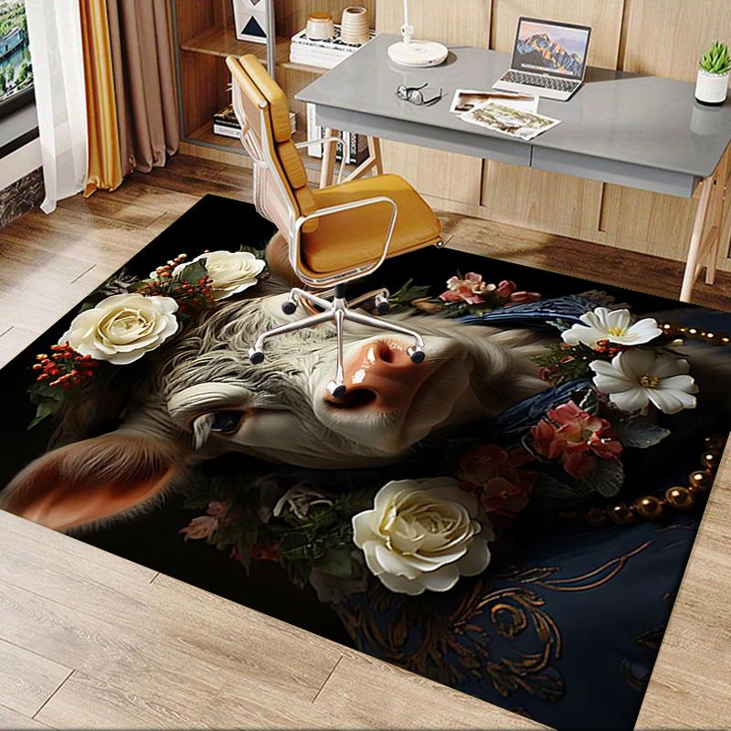 Rose Cow Theme Chair Mat: Office Carpet Oversized Rug for Home Decor, Sofa Mat, Gift Idea for Cow Lovers, Bedroom, Living Room, and Various Rooms