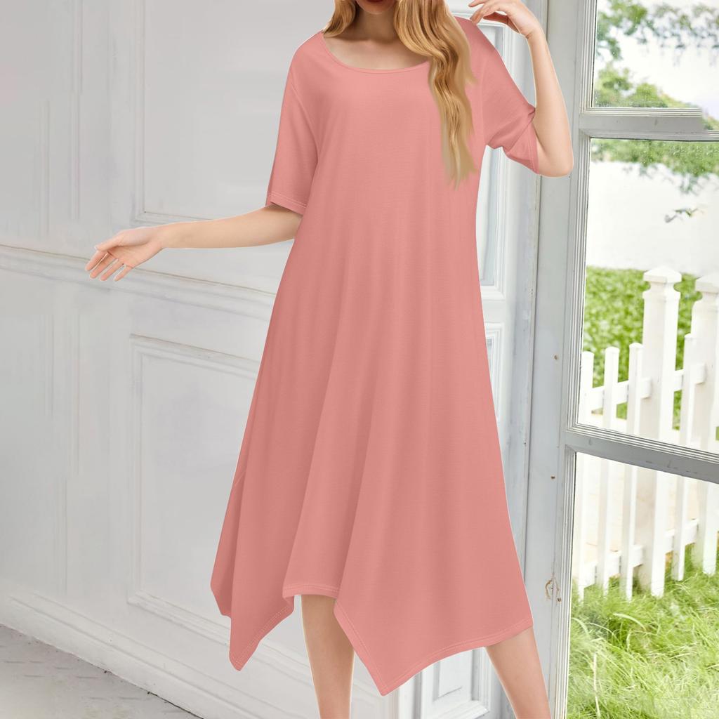 Женское повседневное модное платье миди с круглым вырезом и коротким рукавом, однотонное, с неровным подолом