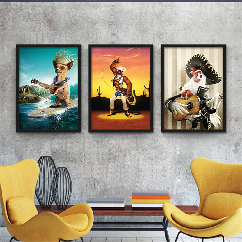 Скандинавская декоративная картина на холсте, мультяшные постеры, г-н. Свинья, крупный рогатый скот, петух и собака, играющая на гитаре для детской спальни