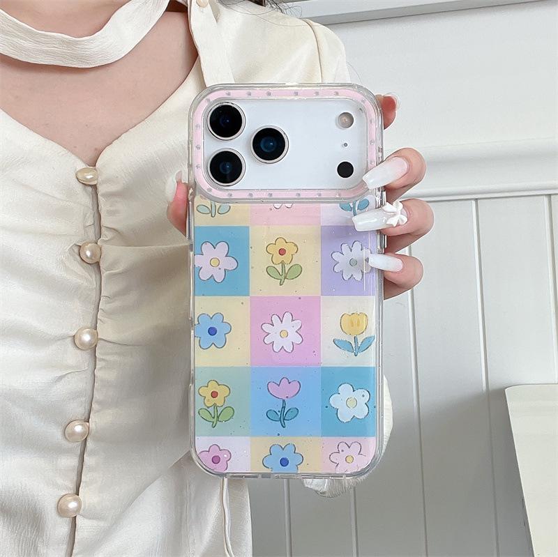 Spring Floral Grid Chain Case for iPhone 17, 16 Pro Max, 15 Pro