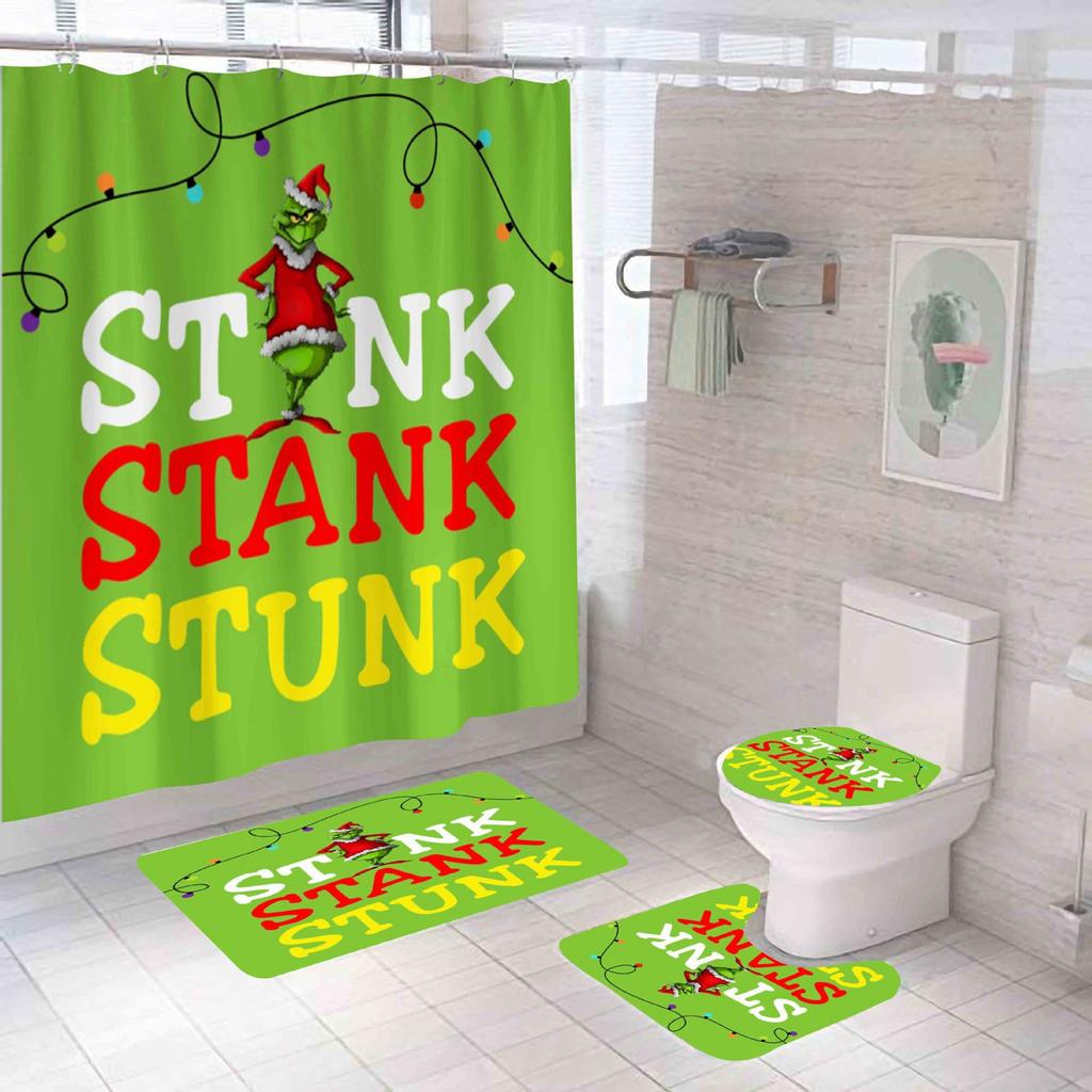 Christmas Snowman Print Toilet Bathroom Mat And Shower Curtain Four-Piece Set
