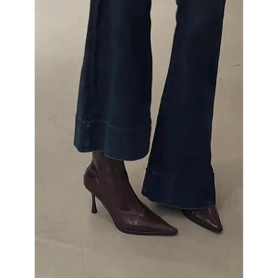 Ботильоны Женские Узкие Ботильоны Тонкий Каблук Высокий Каблук Короткие Ботильоны Острый Носок Темперамент Мягкая Кожа Задняя Молния Универсальные Короткие Ботильоны Женские