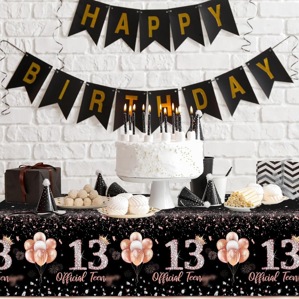 GREHUMOR 3Pcs 13th Birthday Tablecloth Party Decorations for Girls Rose Gold 13 Year Old Birthday Party Supplies Table Cover Thirteen Birthday