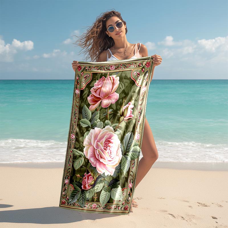 Elegant Pink Roses Garden Art Soft Beach Towel Outdoor Camping Vacation Swimming Beach Towel Outdoor Absorbent Bath Towel Blanket A5