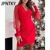 JPNTKY Женская мода весна-осень однотонные повседневные платья с длинным рукавом и V-образным вырезом