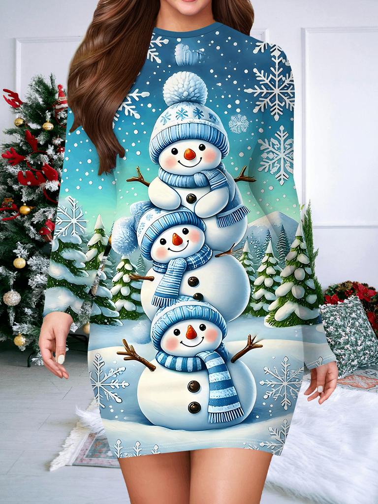 Новое женское платье в обтяжку Осень-Зима 2025, с 3D принтом и окрашиванием снеговика, модное женское платье с длинным рукавом и круглым вырезом, сексуальное платье в обтяжку