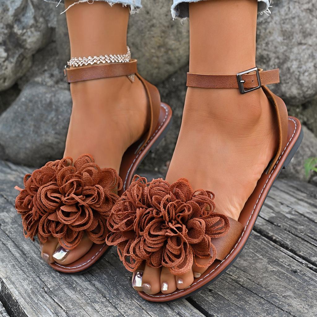 Fashion Elegant Flower Flat Sandals for Women 2025 Summer New Voyeur Women Pump Silk Shallow Ankle Buckle Sandals Shoes for Women