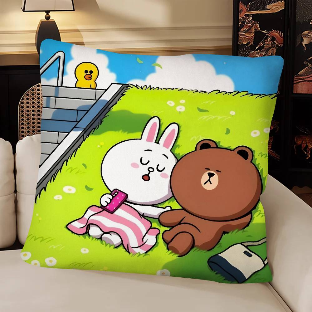 Cute Korean LLINE FRIENDS Brown Bear And Cony Pillow Case Fashion Square Pillowcase Bedroom Sofa Room Ins Decoration Leisure