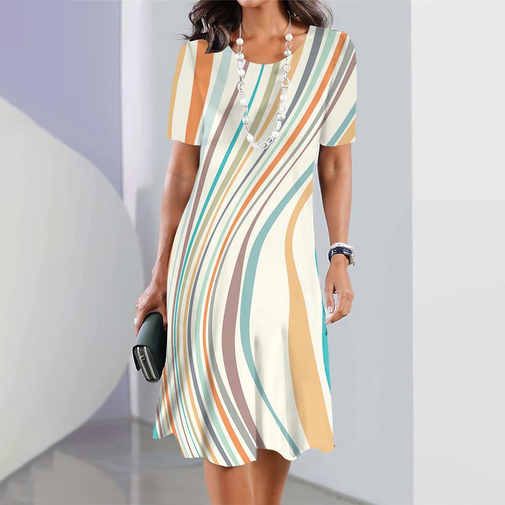 Летняя женская одежда Свободная юбка А-силуэта с короткими рукавами Стильное платье с 3D-нерегулярным принтом Женская одежда Платья с круглым воротником