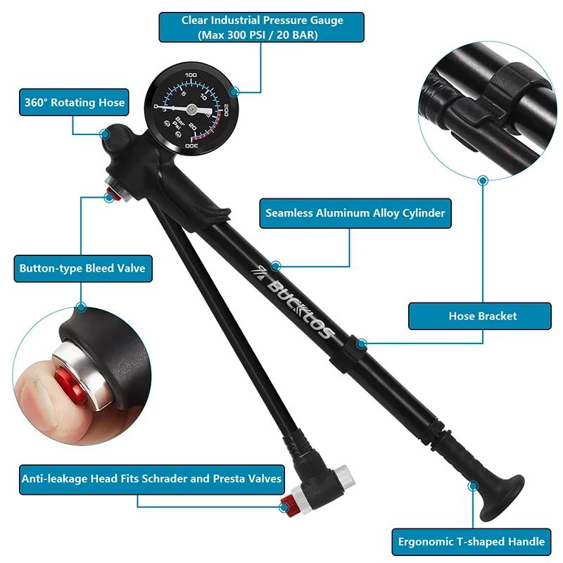 BUCKLOS Mountain Bicycle Air Shock Pump with Gauge for Fork Rear Suspension Bike Tire Inflator Pump 300PSI High Pressure Pump