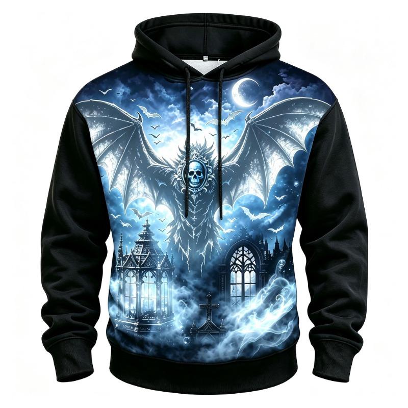 Men's Giant Bat Demon Gothic Castle Full Print Hoodie Halloween Long Sleeve Hooded Sweatshirt For Festival Wear