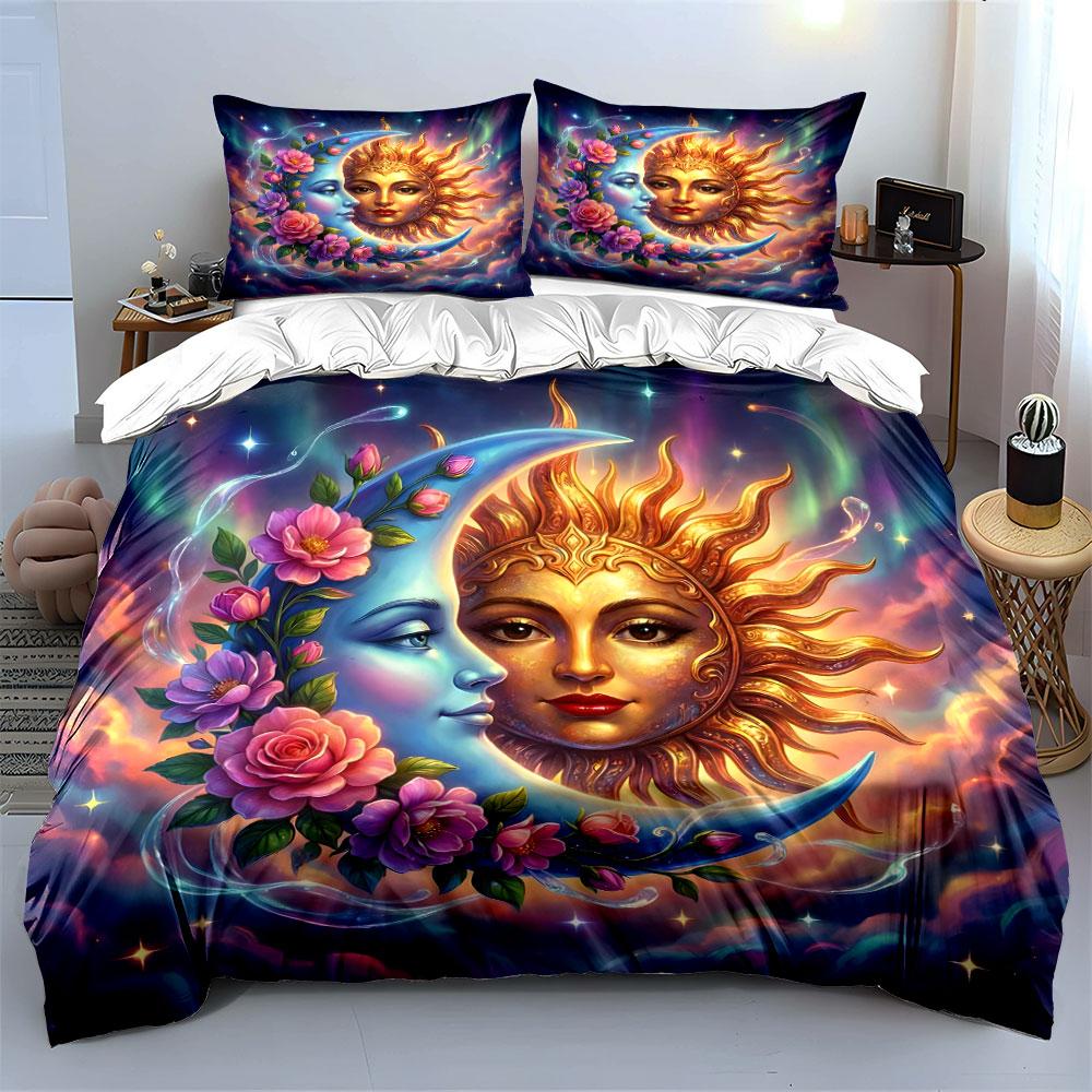 Sun and Moon with Floral Design Bedding Duvet Cover Set (1*Duvet Cover 2*Pillowcases, without duvet insert)