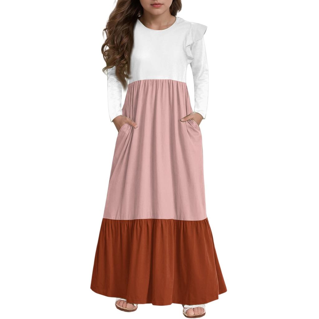 Girls' Tiered Ruffle Dress - Long Sleeve Printed Maxi With Pockets