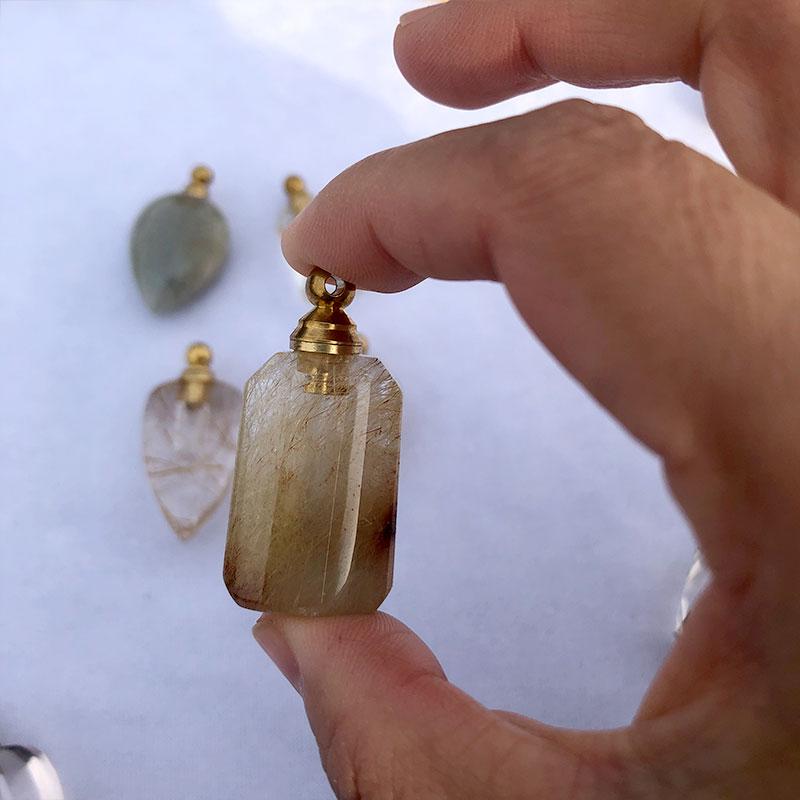 Natural Essential Oil Bottle Rutilated Quartz Gemstone Perfume Bottle Pendant