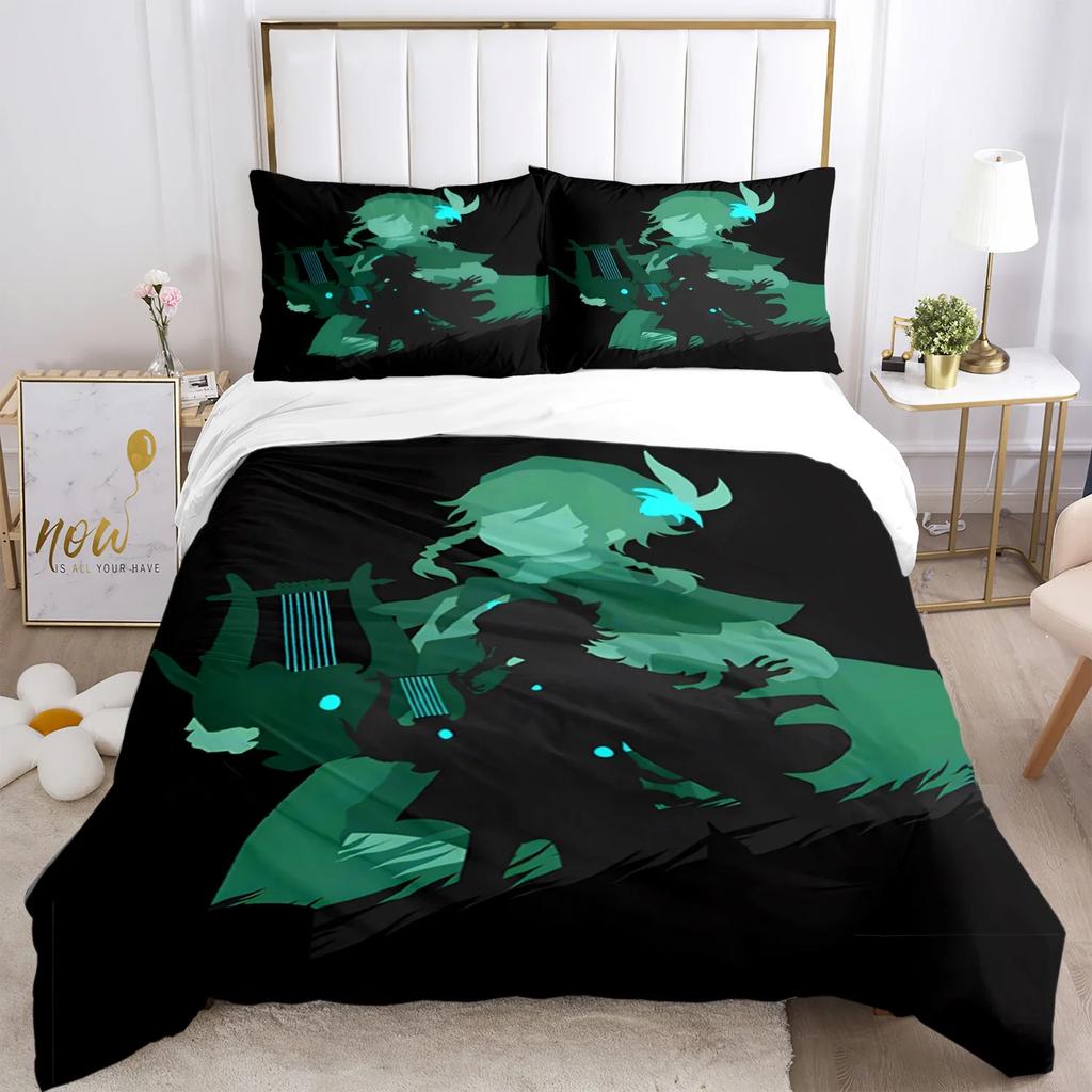 Genshin Impact Print Комплект постельного белья из трех предметов Модные изделия для детей и взрослых для кроватей Пододеяльники Наволочки Комплект постельного белья