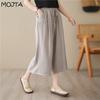 Женские летние укороченные брюки из хлопка и льна больших размеров, свободные повседневные универсальные брюки с широкими штанинами и завязками