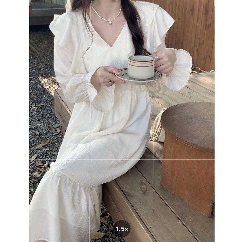 Женское нежное платье с V-образным вырезом, оборками, длинными рукавами, французский темперамент с базовым платьем