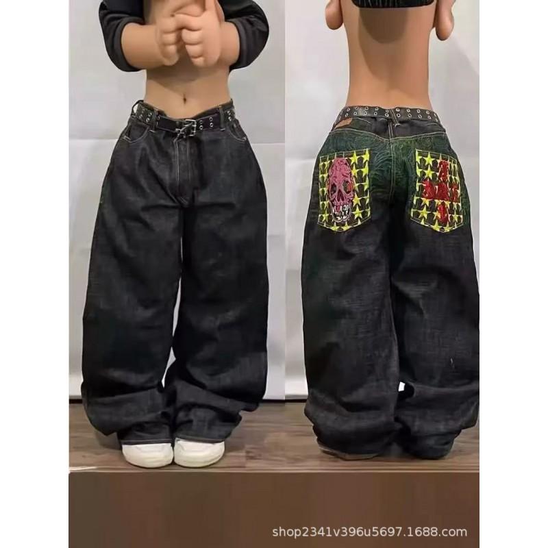 Mens Relaxed Fit Washed Denim Jeans With Embroidered Hip Hop Graphic Casual Wear