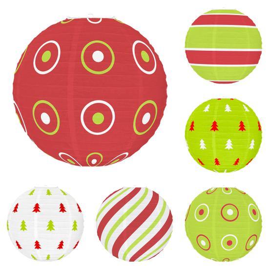 Красный и зеленый бумажный фонарь 12 дюймов Рождественский подвесной круглый фонарь для внутреннего и наружного праздничного потолочного декора