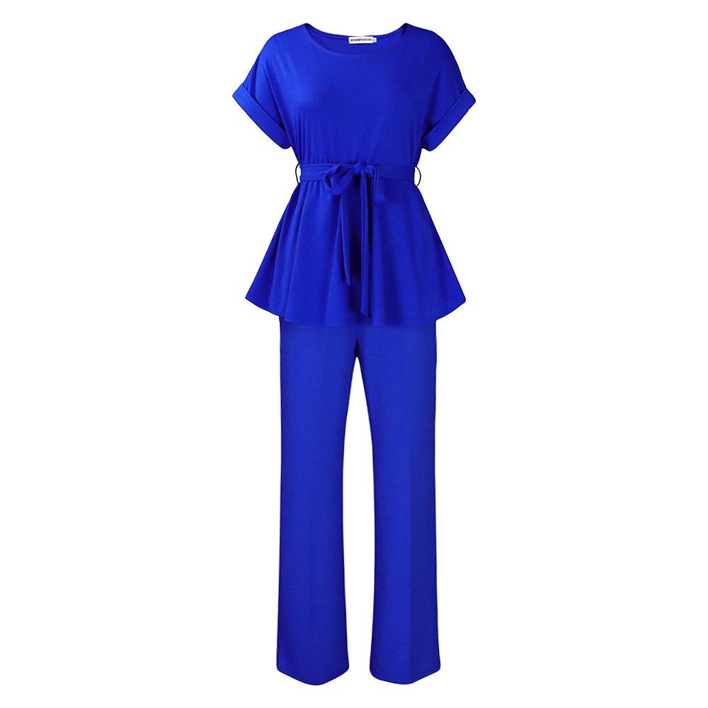 Plus Size Summer Women's Solid Color Tie Short Sleeve Top High Waist Wide Leg Pants Fashion Casual Set