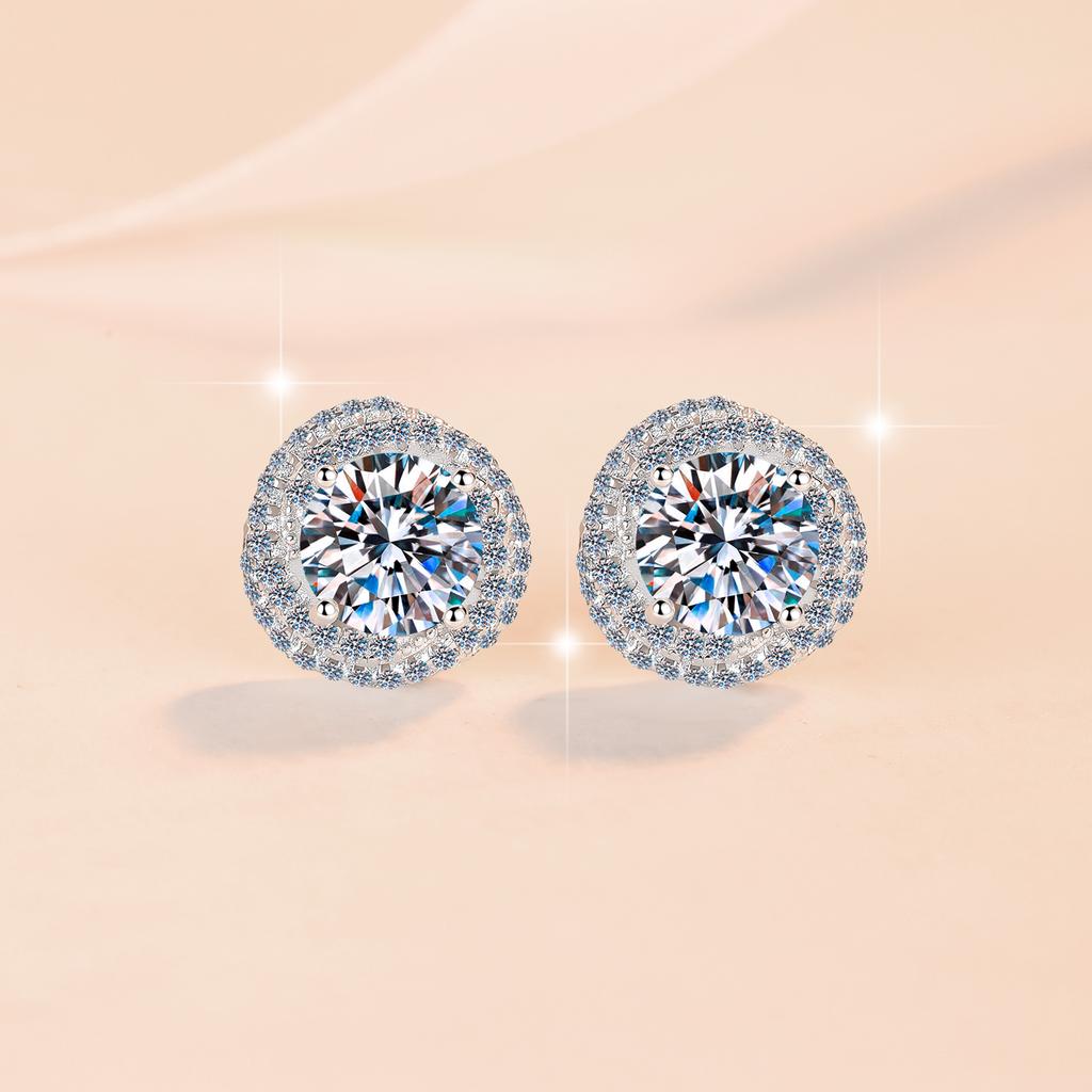 0.5&1CT Round Cut VVs1 Moissanite Double Halo Stud Earrings GRA Certified 925 Sterling Silver for Women Wedding Jewelry
