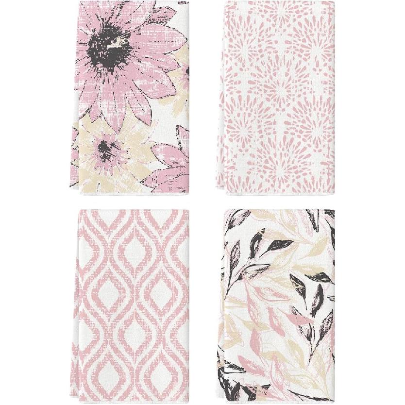 Artoid Mode Green Floral Leaves Boho Kitchen Towels Dish Towels, 18x26 Inch Seasonal Spring Summer Decoration Hand Towels Set of 4