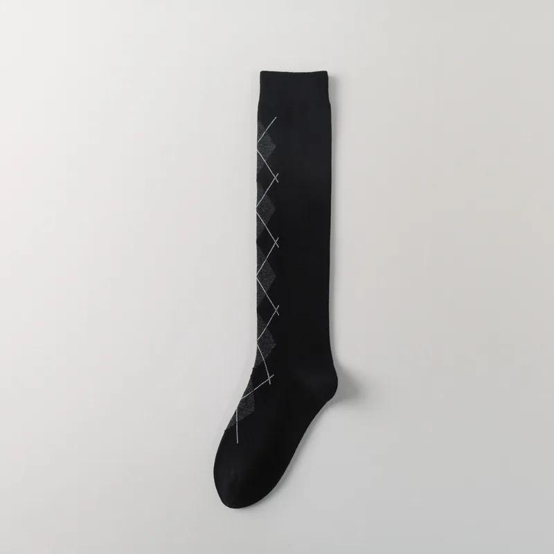 Осень/Зима Ромбовидные высокие носки Жаккардовые чулки Хлопковые носки Носки College Wind для девочек Ворсовые носки Серые носки JK Retro из телячьей шерсти
