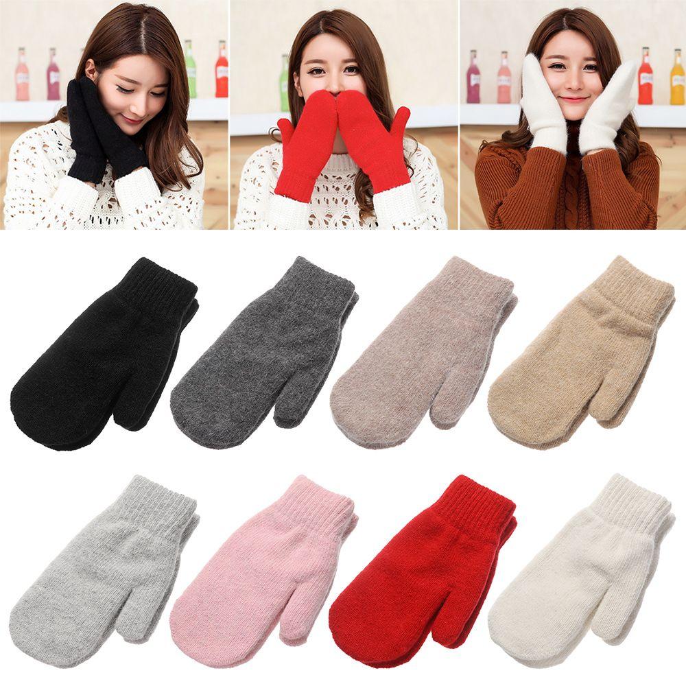 Warm Winte Plush Solid Color Double Layer All Fingers Rabbit Hair Mittens Winter Gloves