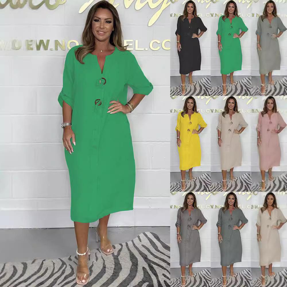 2024 Европейское и Американское Женское Повседневное Платье-Халат Свободного Кроя Однотонного Цвета