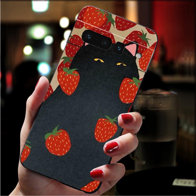 For Google Pixel 10 9 Pro XL Silicone Phone Soft Case For Google Pixel 9A 8A 7A 6A 5 Cover Shell Strawberry Cat Cartoon