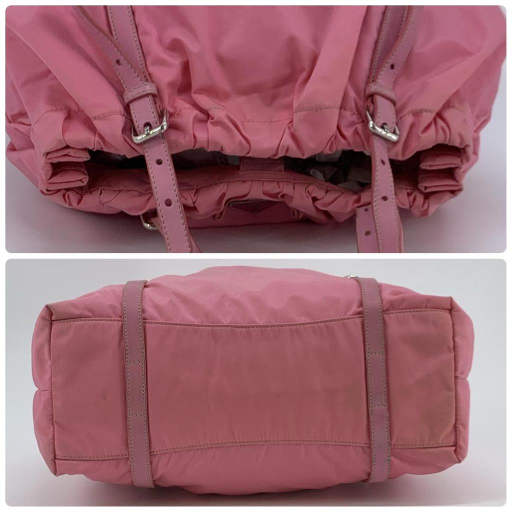PRADA Pocono Tessuto Nylon Ribbon Hand Tote Bag One Shoulder Strap Leather Pink Silver Hardware Triangle Logo Plate